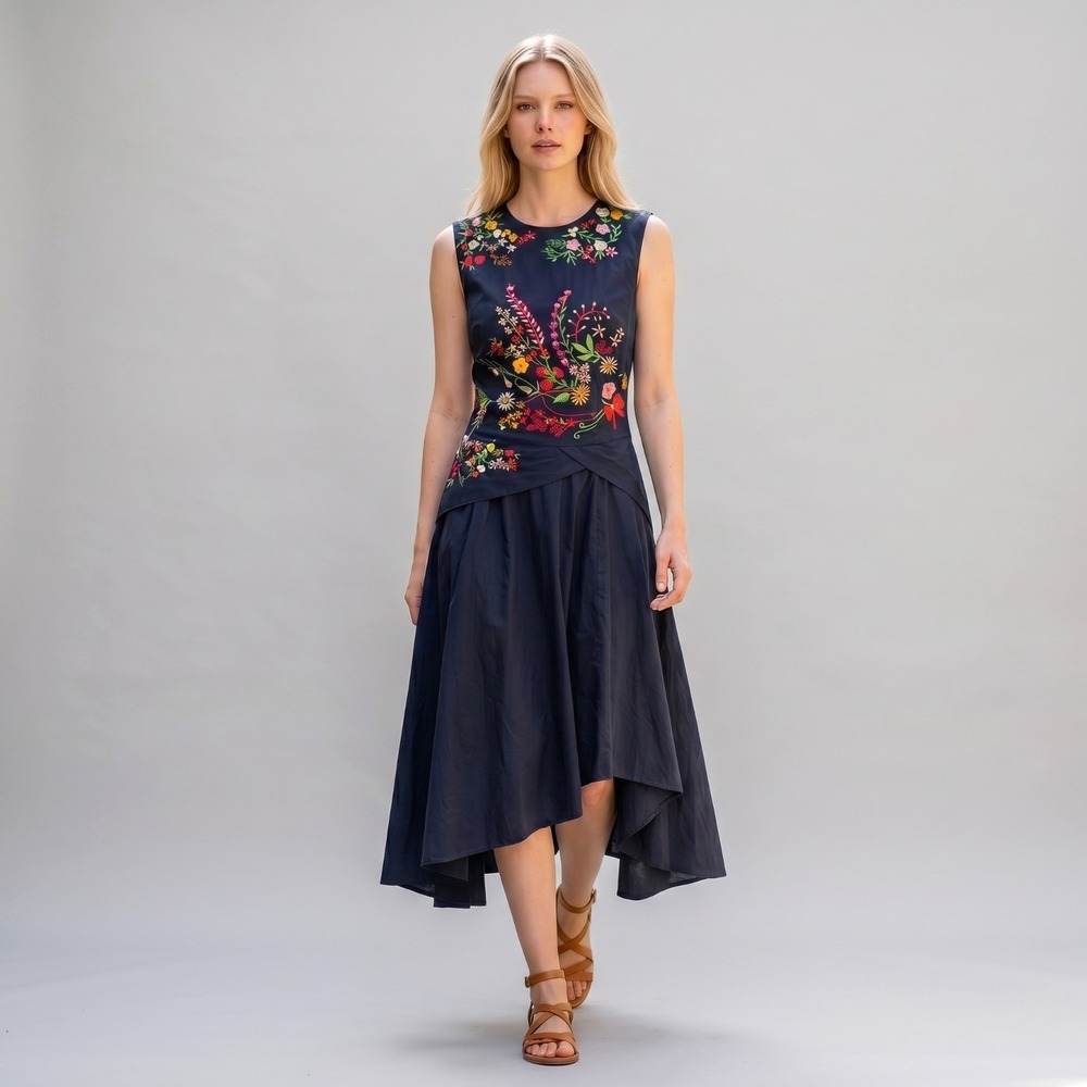 Wayward Fancies by Eshakti Floral Embroidered Midi Dress Medium 8 Artsy Modest